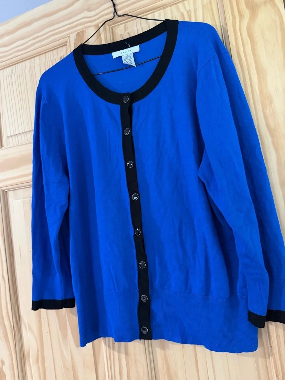 Grace Button Down Cardigan Sweater Royal Blue With Black Trim Women's L